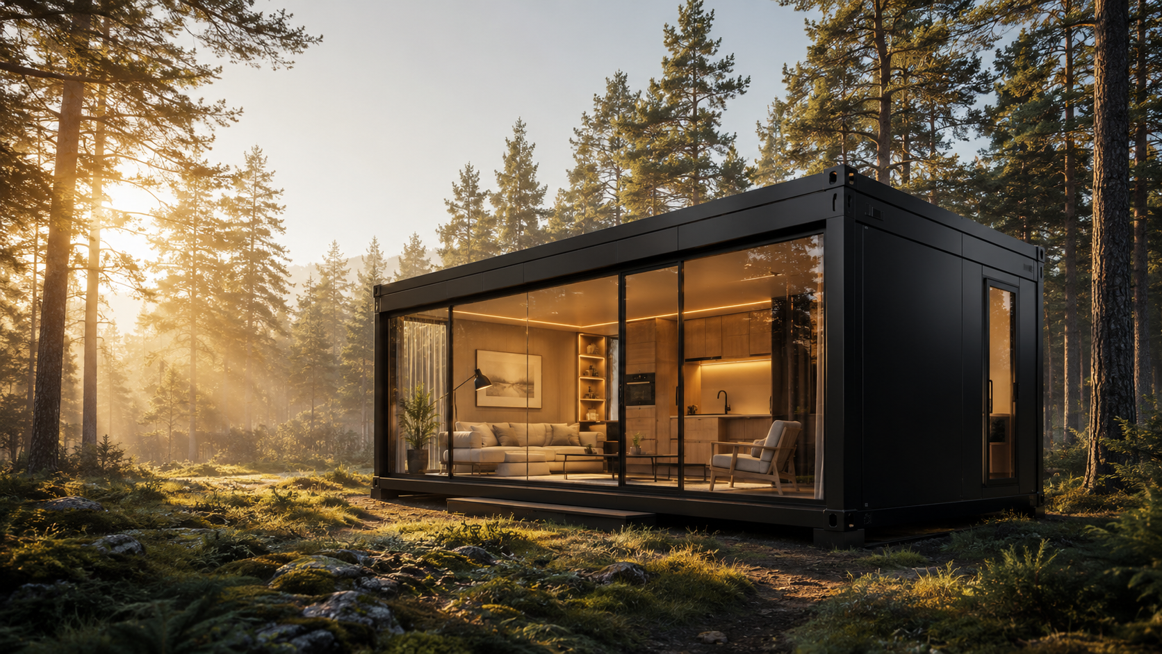 Modern prefab tiny home cabin in a forest at sunset